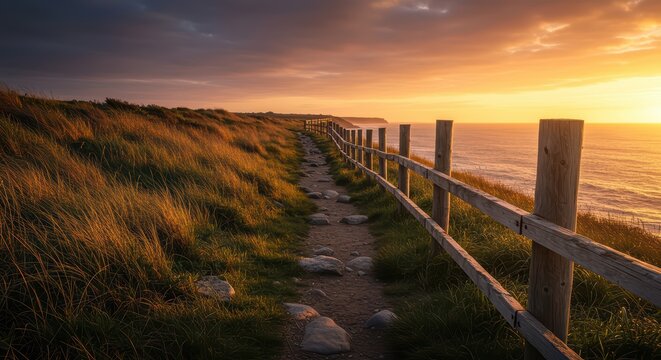 Serene coastal pathway at sunset with grassy dunes and wooden fence creates peaceful seaside scene