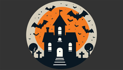 A haunted house silhouette with bats flying around