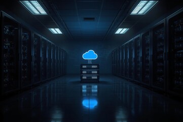 A dimly lit server room features rows of server racks on either side, with a glowing blue cloud icon on the back wall, symbolizing cloud computing.