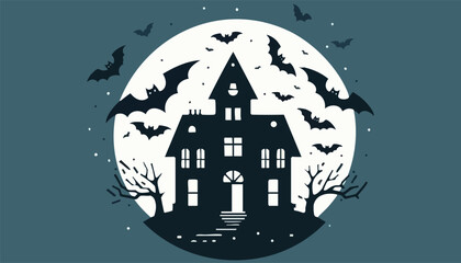 A haunted house silhouette with bats flying around