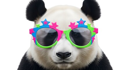 Playful panda wearing colorful star-shaped sunglasses, posing against a bright, cheerful background