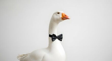 A stylish white goose wearing a black bow tie, posing elegantly against a minimalist background