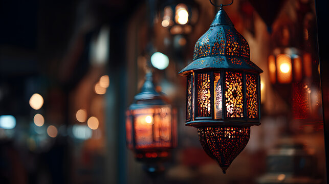 Intricate Moroccan lanterns glowing with warm light, creating an ambient and exotic atmosphere