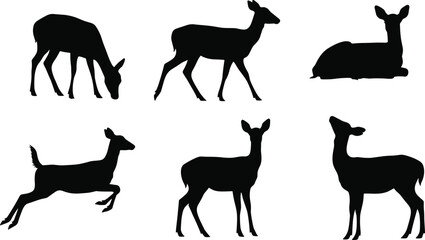 Deer Silhouette Vector Collection, Jumping and Standing Deer, Wildlife Animal Clipart, Forest Nature Illustration, Black Antlered Deer Icons, Hunting Design 