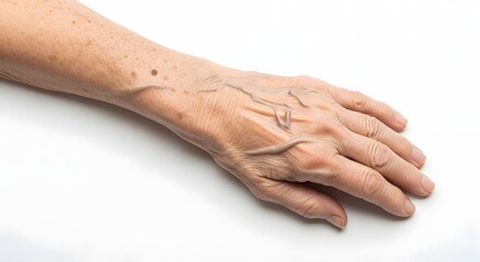 Close-up of an elderly woman's hand resting on a white surface, showcasing skin texture and veins