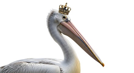 A regal pelican adorned with a golden crown, showcasing elegance against a pristine white background