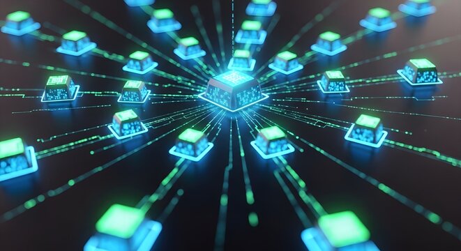 Central processing unit connected to multiple peripheral components with glowing data streams, illustrating a distributed computing network or advanced AI architecture.