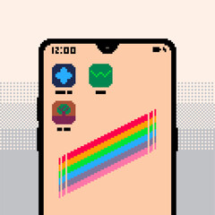 Front of Smartphone with Rainbow Lines in the Screen, Pixel Art Illustration