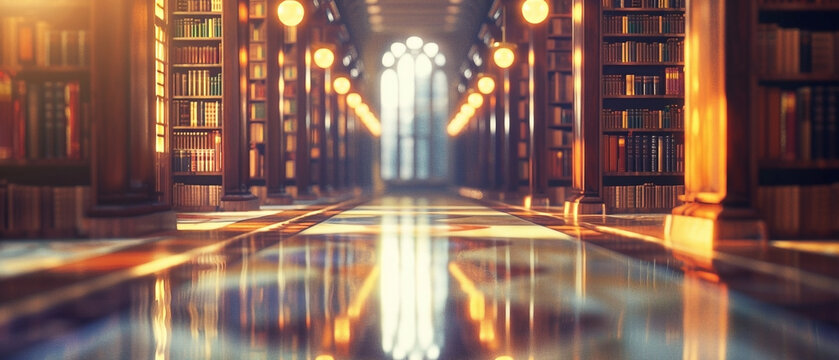 Elegant library hall with book-lined shelves and light reflecting off glossy floor surface