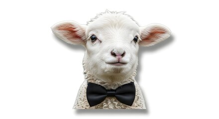 A charming lamb wearing a formal black bow tie, posing against a clean white background, ideal for whimsical designs