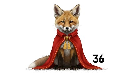 A regal fox wearing a red cloak, seated elegantly, with a subtle number displayed in the corner