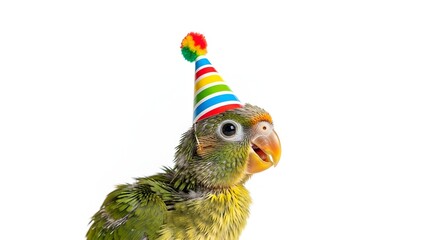 Colorful parrot wearing a festive party hat, celebrating with a joyful expression against a white background