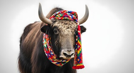 Yak adorned with a colorful scarf, standing against a soft gradient background, showcasing cultural attire