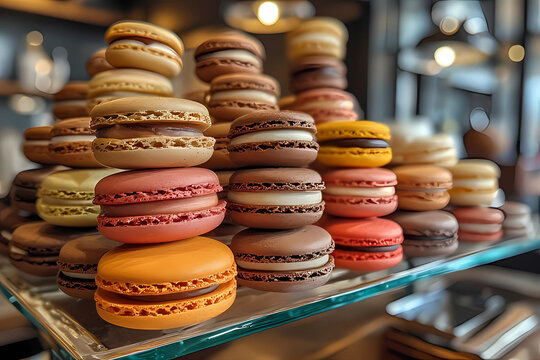 A rich display of gourmet macarons in warm, autumnal colors like peach, brown, and yellow, stacked high on a glass shelf in a brightly lit, modern bakery or cafe display case. - Powered by Adobe