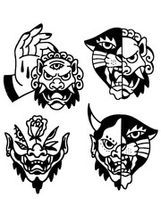 Edgy vector collection of mystic faces and demons.