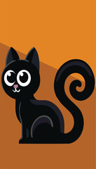 A black cat with big round eyes and a curled tail
