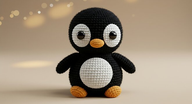 Handmade crochet penguin toy against soft background with bokeh effect