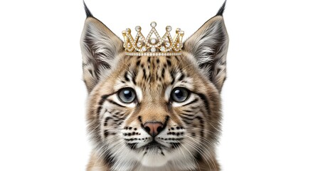 Majestic lynx wearing a crown, symbolizing royalty and nature's beauty, on a clean white background