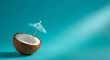 Illustration of a halved coconut with a paper umbrella stands on a turquoise surface in the sunlight, evoking a tropical vacation vibe