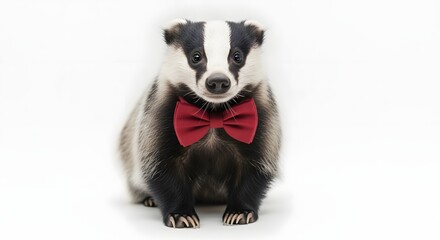 A charming badger wearing a red bow tie, standing against a plain white background, exuding charm