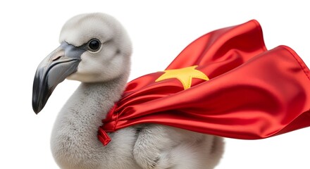 Young bird wearing a red superhero cape with a star, set against a plain background, symbolizing bravery