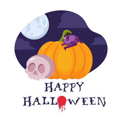Halloween illustration with a cute cartoon bat sitting on a pumpkin against a night sky background. Vector illustration.
