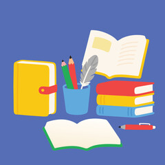A colorful illustration of books, pencils, and a feather on a blue background.
