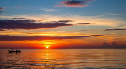 Fototapeta premium Serene maritime sunset painting sky with vibrant colors, fishermen returning home capturing the tranquil atmosphere of