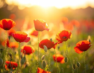 Fototapeta premium Red Poppies in Sunset Field
