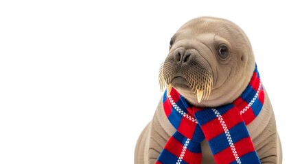 A walrus wearing a colorful scarf poses against a white background, showcasing its unique features