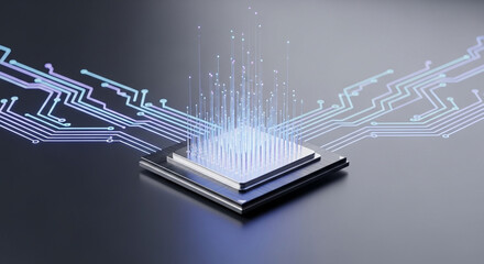 Fototapeta premium Futuristic microchip processor with glowing blue circuitry and data streams emanating outward on a dark reflective surface