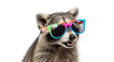 Playful raccoon wearing colorful sunglasses, posing against a white background, showcasing its charm