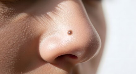 Close-up of a child's nose highlighting a small blemish under natural sunlight, showcasing skin texture