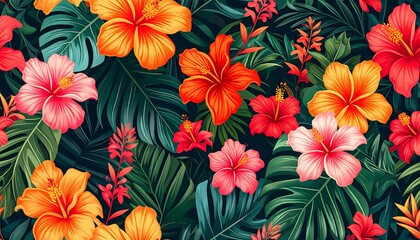 Dark Tropical Hibiscus Flower Pattern with Lush Greenery