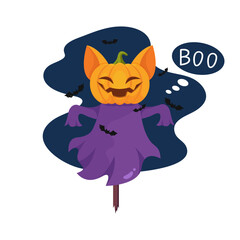 Cartoon pumpkin scarecrow character saying Boo. Cute Halloween mascot. Vector illustration