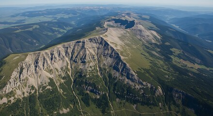Aerial view of mountain range with green vegetation under clear sky