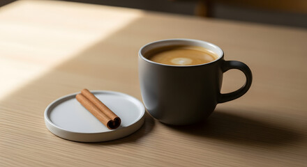 A warm, frothy coffee with a cinnamon stick resting on a saucer, perfect for a morning or afternoon treat