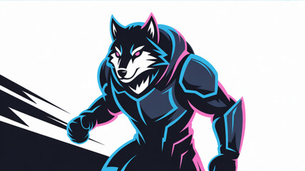 Illustration of a muscular wolf character for gaming logo or mascot design with neon highlights and dark tones