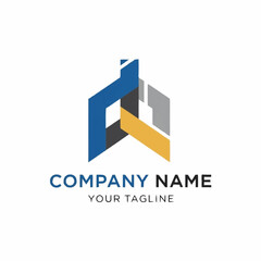 Abstract logo design featuring geometric shapes in blue, gray, and yellow, suggestive of a building or structure.