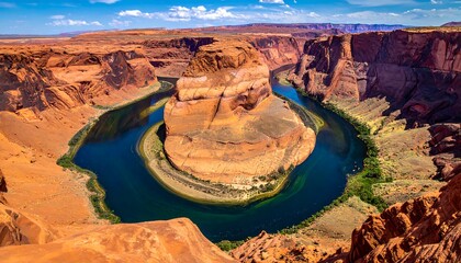 Scenic overlook capturing a stunning U-shaped canyon formation with a winding turquoise river below under a blue sky