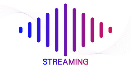 Gradient streaming text with colorful sound wave bars on white background, symbolizing online media, audio, frequency, and digital broadcasting