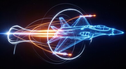 Fighter jet with speed light line. Supersonic digital jet fighter in futuristic wireframe style. Technology military airplane hologram. High-speed innovations concept. Abstract aircraft background