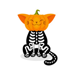 Cartoon skeleton cat with a pumpkin head. Cute Halloween pumpkin mascot. Vector illustration