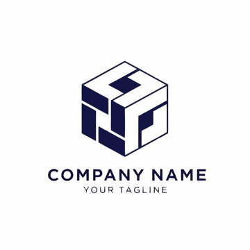 Abstract geometric logo featuring a cube-like shape constructed from interlocking dark blue and white elements on a white background.