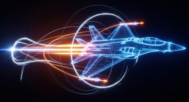 Fighter jet with speed light line. Supersonic digital jet fighter in futuristic wireframe style. Technology military airplane hologram. High-speed innovations concept. Abstract aircraft background