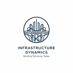 A minimalist logo depicting city buildings, bridge, and infrastructure within a circular frame.
