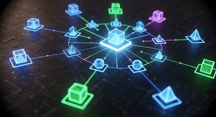 Fototapeta premium Abstract visualization of a decentralized network with glowing geometric shapes connected by lines, representing data flow and interconnected systems.