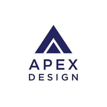 A minimalist logo featuring a dark blue triangular shape and accompanying text, representing a design company.