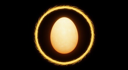 Mysterious Glowing Golden Egg Encircles by Fiery Ring on Black Background