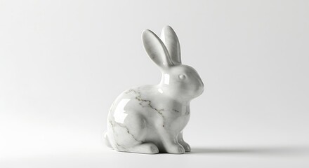 Minimalist white marble rabbit figurine sculpture sitting against a clean white studio background
